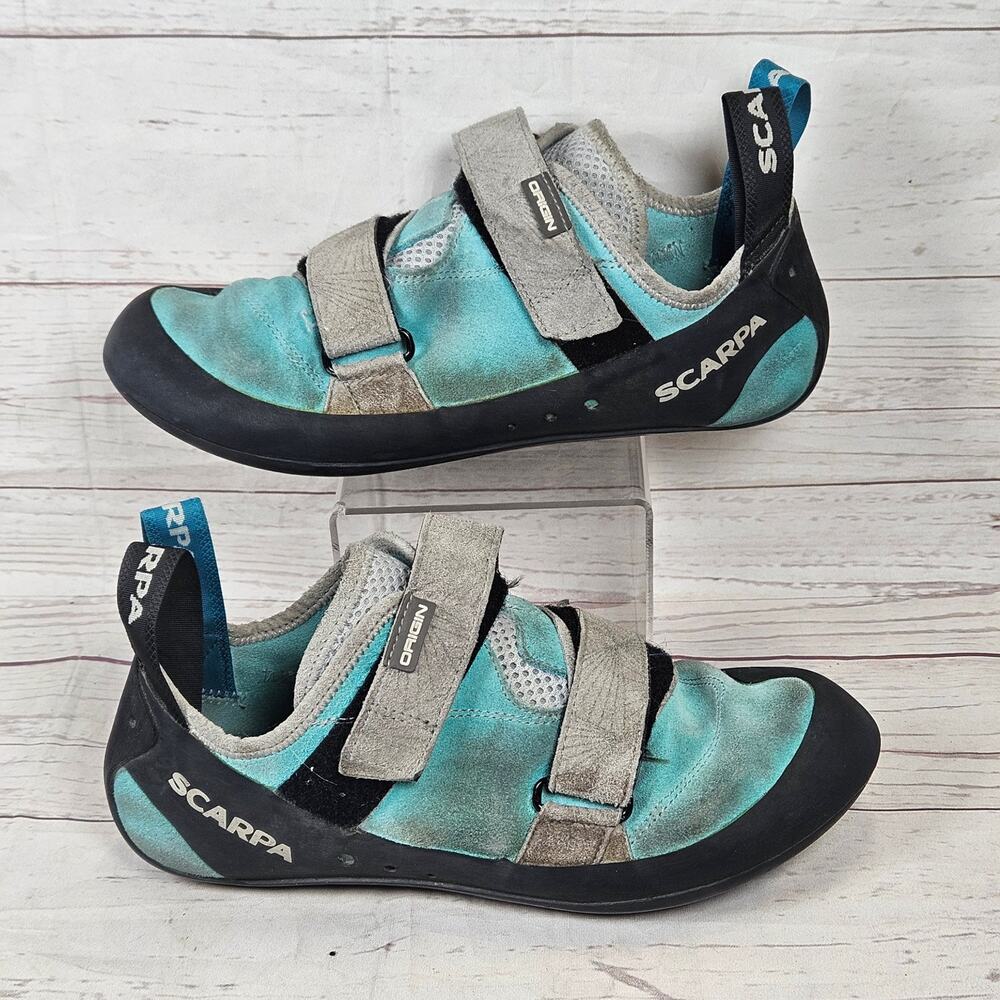 SCARPA ORIGIN Men's 8.5 Women's 9.5 Teal Black Rock ClimbingShoes *Stained